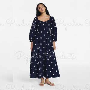 Free Assembly | Cotton Polka Dot Maxi Dress with Puff Sleeves, Darkest Navy